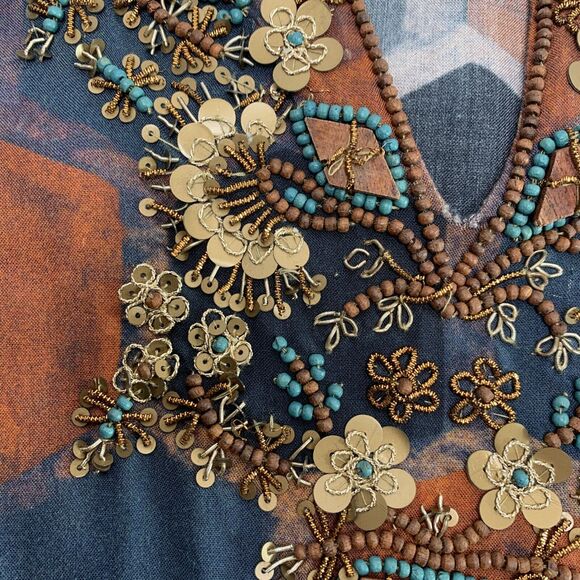 Soft Surroundings Tunic Medium Blouse Millefiori Blue Geometric Print Sequin Top - Picture 12 of 16